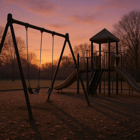 Playground in the park at sunset with a children's slide.