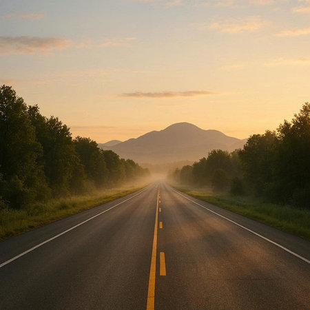 Road in the morning mist with mountains in the background and copy space