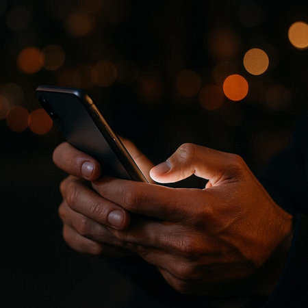 Close-up of man using mobile smart phone with bokeh background