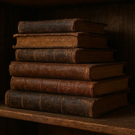 Old books on a wooden shelf. Vintage style toned picture.