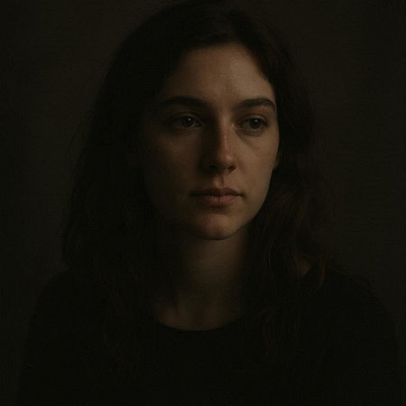 Portrait of a young woman with long brown hair in a dark room
