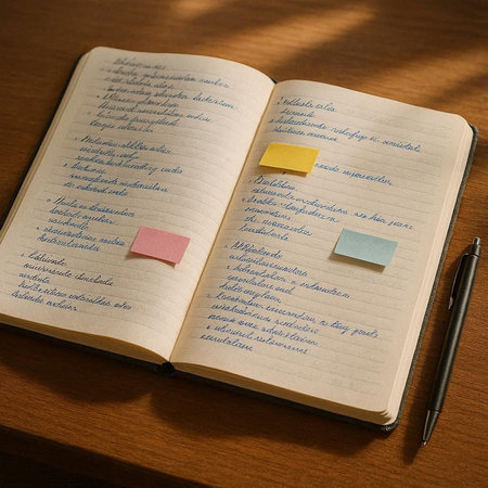 Notebook with sticky notes and a pen on a wooden table.