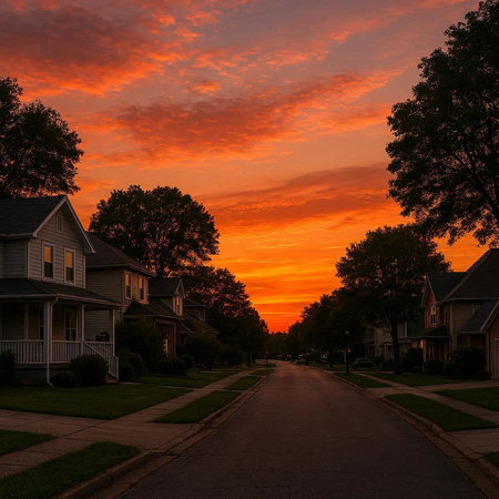 Sunset over a residential neighborhood with homes and trees in the background