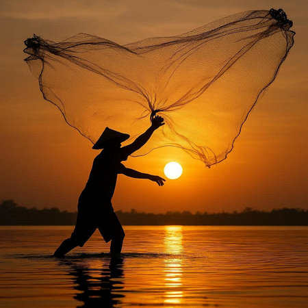 Silhouette of Fisherman catching fish at sunrise time, Thailand.
