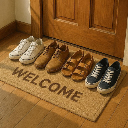 Welcome Welcome Welcome Sign with Shoes on Doormat in the Room