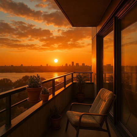 Sunset view from the terrace of a modern apartment with a view of the city