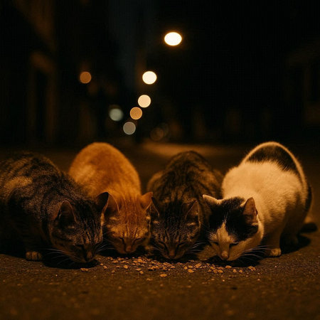 Three stray cats in the street at night. Selective focus.
