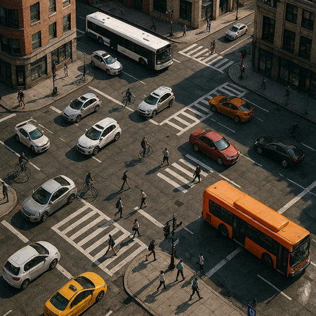 Aerial view of people crossing a crosswalk in New York Cityの写真素材