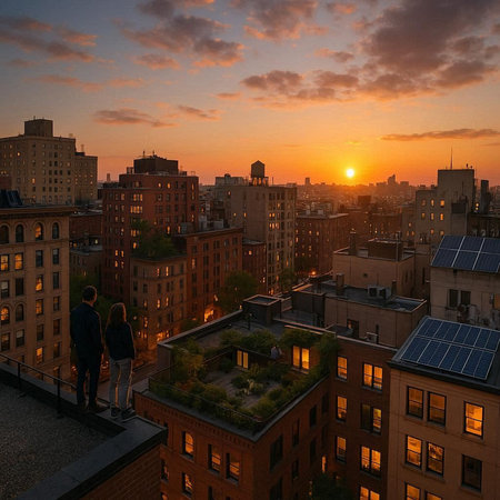 Man and woman watching sunset in New York City, United States.