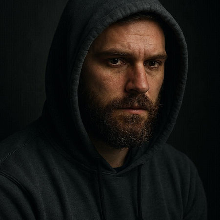 Portrait of a man with a beard in a hood on a dark backgroundの写真素材