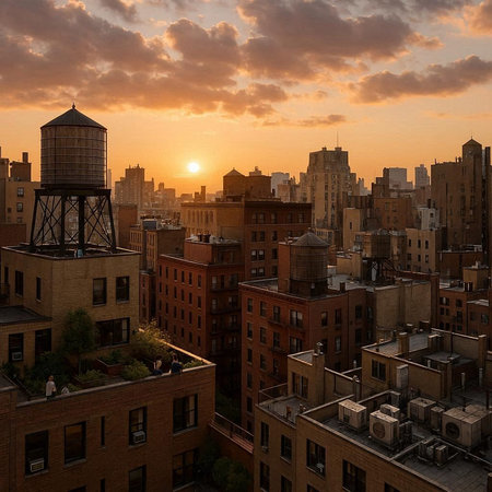 Aerial view of Manhattan, New York City, USA at sunset.