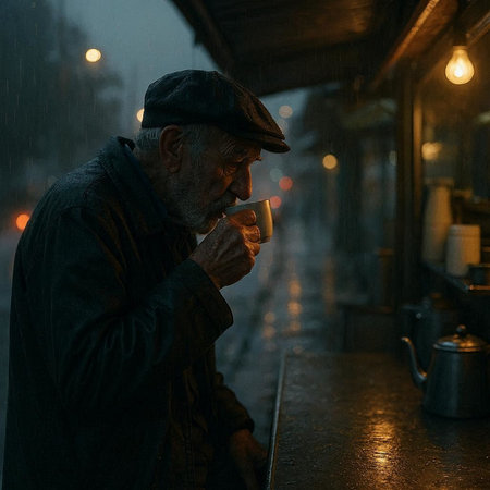 Old man drinking coffee on the street at night in the rain.の写真素材