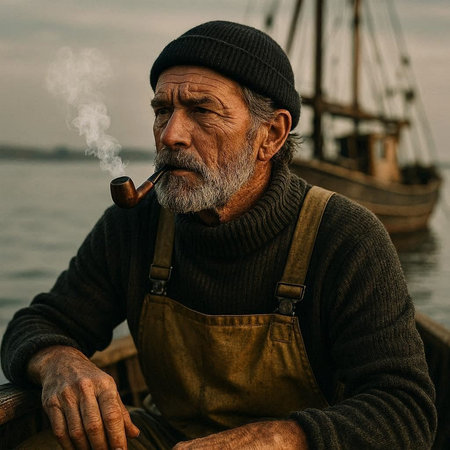 Portrait of an old man smoking a pipe on a boat.の写真素材