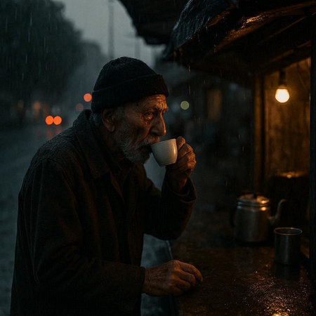 Portrait of an old man drinking coffee in the rain at night