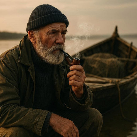 Old man with a gray beard and mustache in a green jacket smoking a pipe on the background of an old wooden boatの写真素材