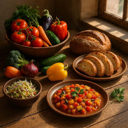 Vegetable stew with tomatoes, cucumbers, peppers, zucchini, onions and parsley on wooden background