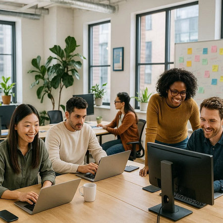 Group of multiethnic young business people using laptop in modern office