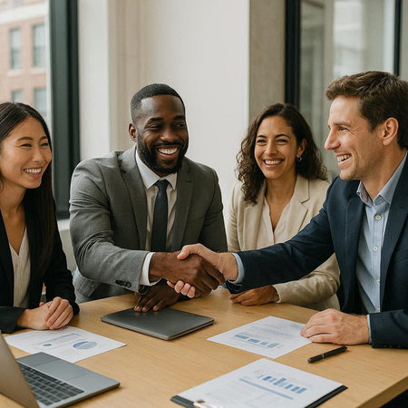 Happy business people shaking hands at meeting in office. Multiethnic group of businesspeople...
