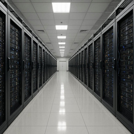 network server room with rows of servers in data center 3d rendering