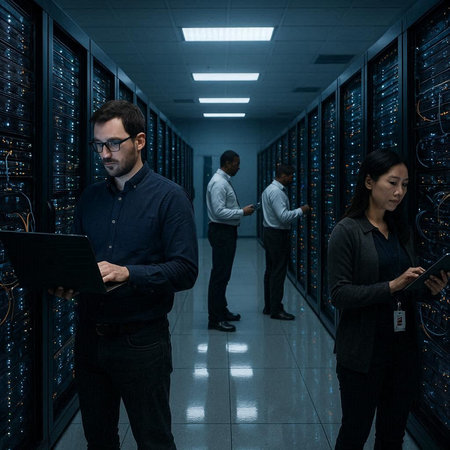 Programmers working in a datacenter server room data center.