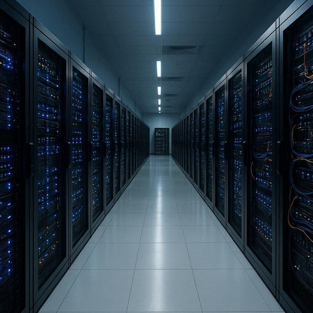network server room with rows of servers in data center room 3d rendering