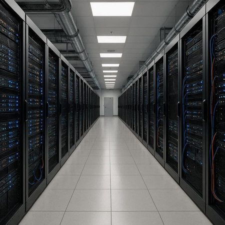 3d render of server room with rows of servers. Data center