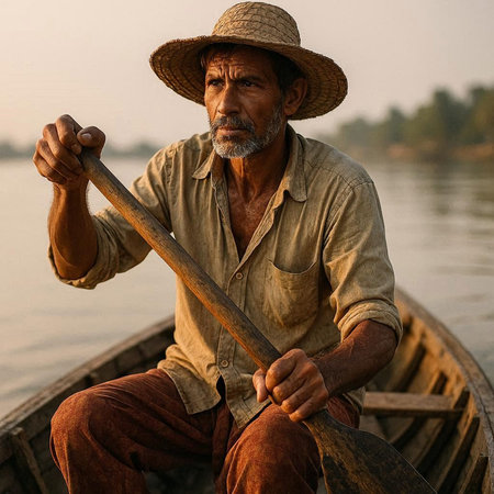 Portrait of a senior man rowing a boat in the riverの写真素材