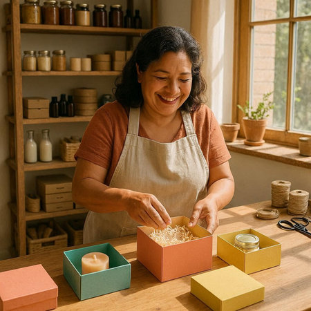 Mature woman making a gift box in her workshop. She is wearing apron.
