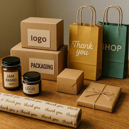Shopping bags, jars of jam and gift boxes on wooden table