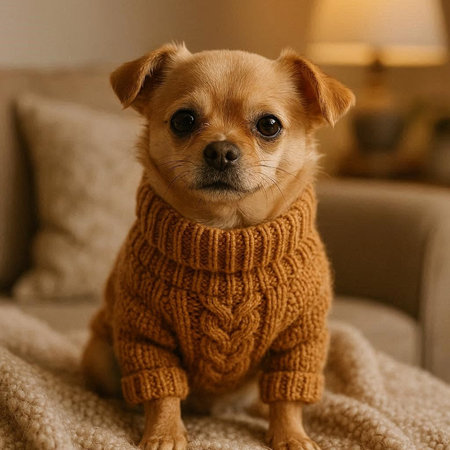 Cute little chihuahua dog in warm knitted sweater.の写真素材