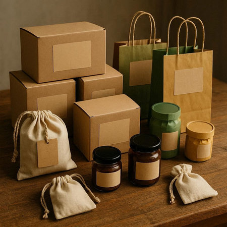 Boxes, jars, jars and paper bags on a wooden table