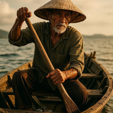 Old man sitting on a boat in the sea and looking at camera