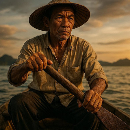 Vietnamese senior man rowing on a wooden boat at sunset
