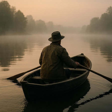fisherman in a boat on the river in the morning mist