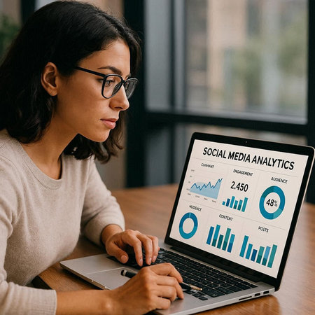 Woman using laptop with statistics on the screen. Business and technology concept.