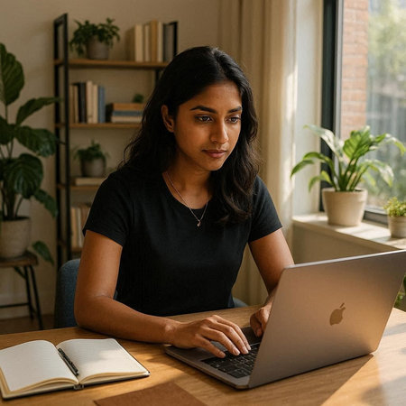 Serious young businesswoman working on laptop while sitting at her desk in office