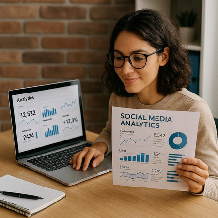 Businesswoman working on laptop at office desk and analyzing investment charts.