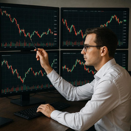 Side view of serious mature businessman in eyeglasses looking at computer monitor with stock market...