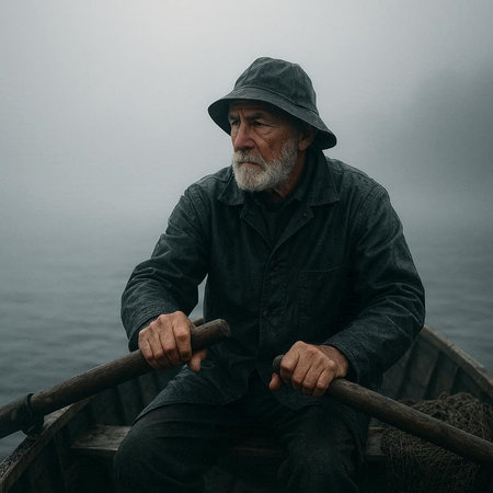 Portrait of an old man sitting on a boat in the fogの写真素材