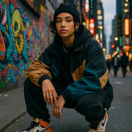 Stylish young african american woman sitting on the street.