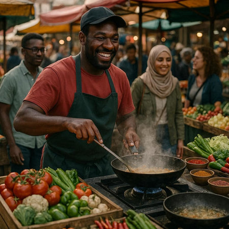 Smiling african american man cooking food at the market.の写真素材
