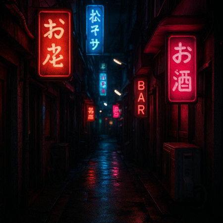 Narrow street in the old town of Kyoto, Japan with neon signs.