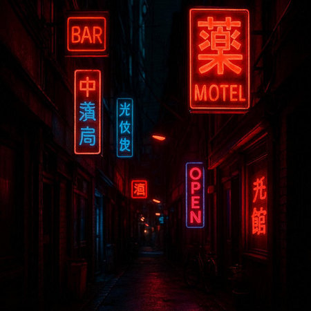 Neon signs in the street at night in Beijing, China.の写真素材