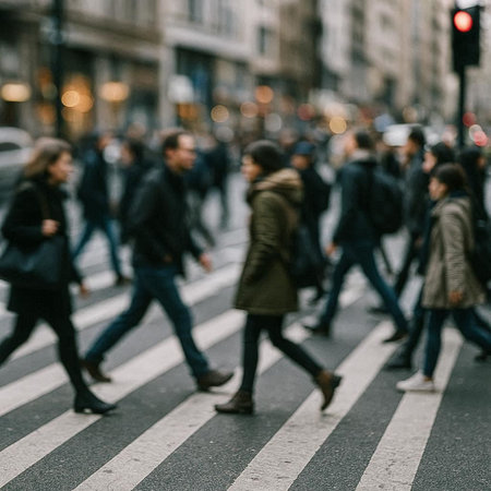 Blurred image of people crossing the street in Paris, France.の写真素材
