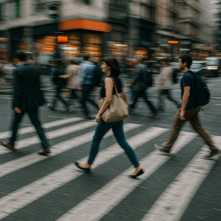 People walking in a busy street in Paris, France. Intentional motion blur