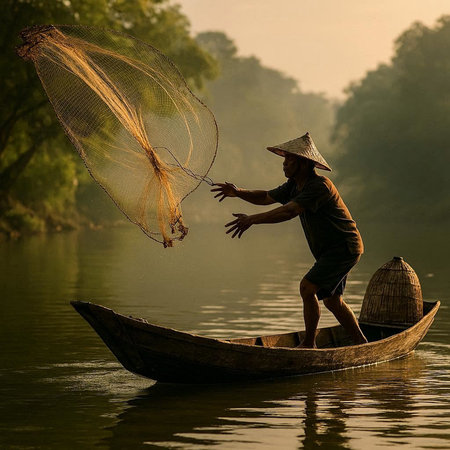 Fisherman with fishing net on the river in the morning.