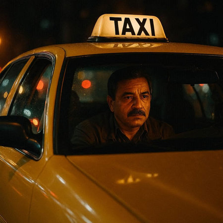 Taxi driver at night in New York City. Taxi driver sitting in taxi cab.