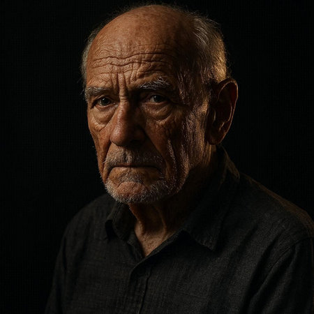 Portrait of an old man on a dark background. Studio shot.