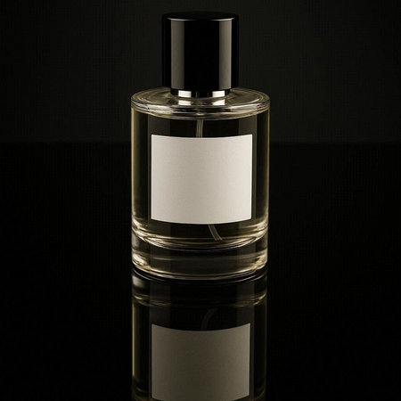 Perfume bottle with blank label on black background. 3d illustration