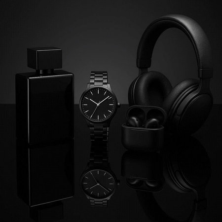 Black men's wristwatch, headphones and perfume on a black background.
